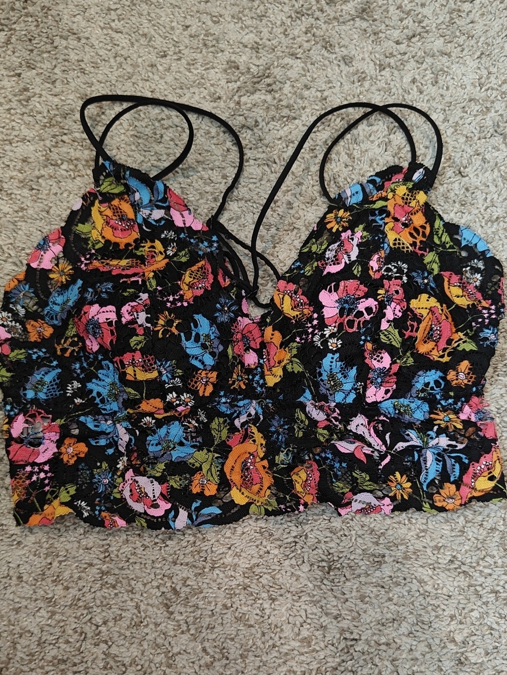 Floral Lace Bralette Top - Black with Multicolor Floral, Vintage